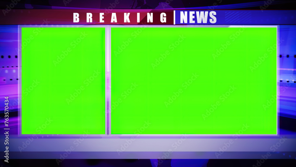 Breaking news backdrop graphics card, with green screen and copy space for titles. A 3D illustration background for representation of TV channel program on movies or series - obrazy, fototapety, plakaty 