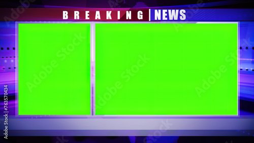 Breaking news backdrop graphics card, with green screen and copy space for titles. A 3D illustration background for representation of TV channel program on movies or series photo