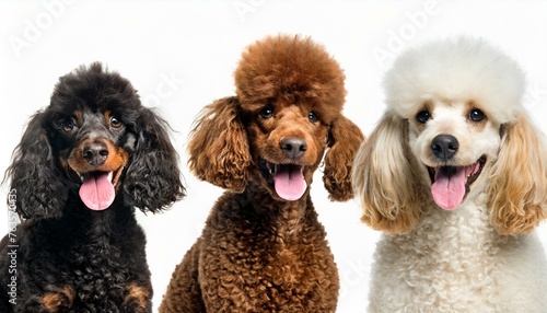 three Poodle puppy dogs sits isolated on white background, front view looking directly at camera