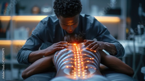 image of a man physiotherapist performing a back massage on a patient lying on a massage table face down. Visible neural pathways connecting them symbolize their nervous systems interacting