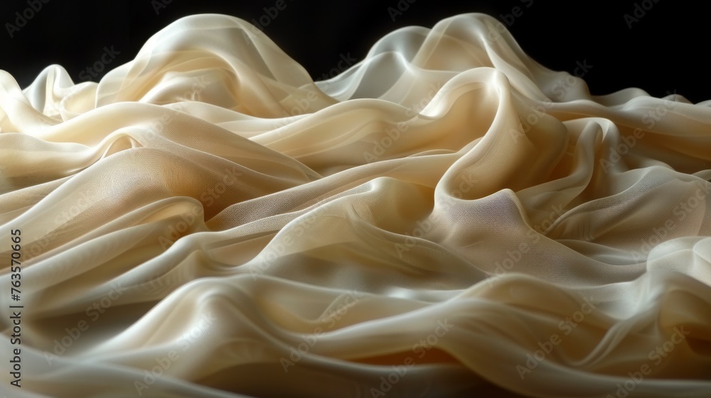 a black and white photo of a large amount of white fabric on top of a black table with a black background. a black and white photo of a large amount of white fabric on top of a black table with a black background.