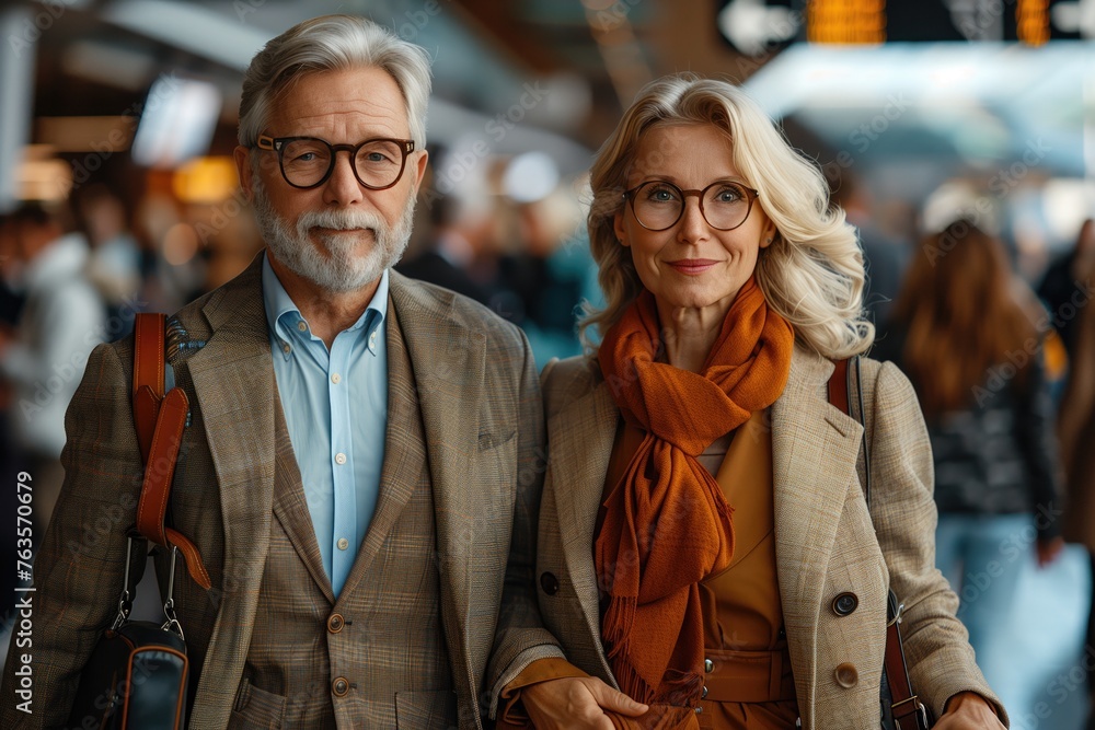 In a busy airport terminal, a aged couple in a stylish suits stands out from the throngs of travelers