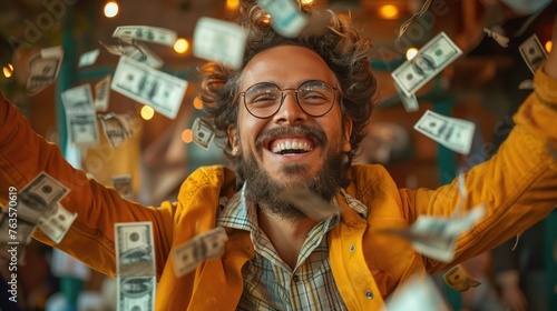 content creator surrounded by money, happiness and smilling