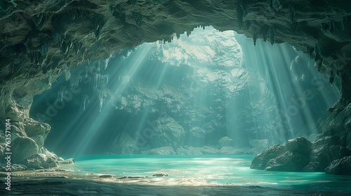 Underwater landscape in deep cave under beautiful light rays