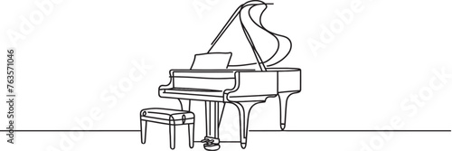 grand piano one line graphic illustration, minimalist style, grand piano with chair one line
