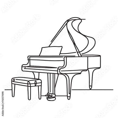 grand piano one line graphic illustration, minimalist style, grand piano with chair one line