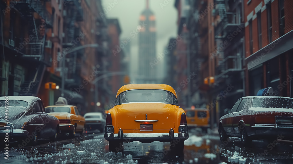 Obraz premium Retro city atmosphere. Back to 90s. Old city with cars and people. Cinematic colors, rainy day