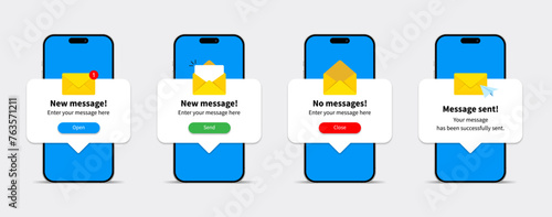 New message notification concept on realistic smartphone mockup. New email pop up. Incoming, open messaging. Chatting, mail, letter symbol, sign, emblem for UI UX website. Realistic vector 10 eps.