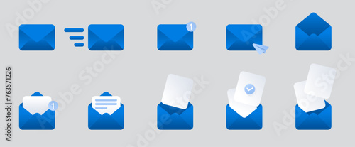 Blue mail envelope icon set with marker new message isolated on grey background. Render email notification with letters, check mark, paper plane and magnifying glass icons. Realistic vector 10 eps.