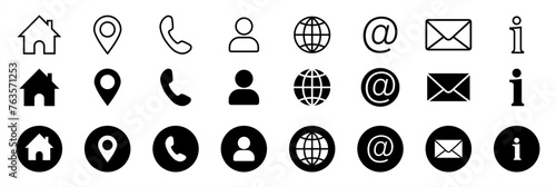 Business icon for company connection set in different style. Name, phone, mobile, place, location, mail, website and message card sign. Contact symbol design template. Vector 10 eps.