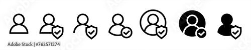 Set of user accept icons. Profile with checkmark icon. Avatar check symbol. Account sign. Shield with person silhouette in circle. Authentication security. Privacy vector. Illustration 10 eps. photo