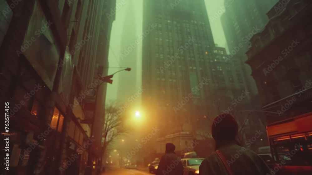 Foggy and moody day in New York city street, People walking through NYC Skyline, rainy day and blurred background Foggy and moody day in New York city street, People walking through NYC Skyline, rainy day and blurred background