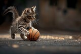 Cats wearing tiny sneakers, dribbling basketballs with agile paws, their tails swishing in concentration 
