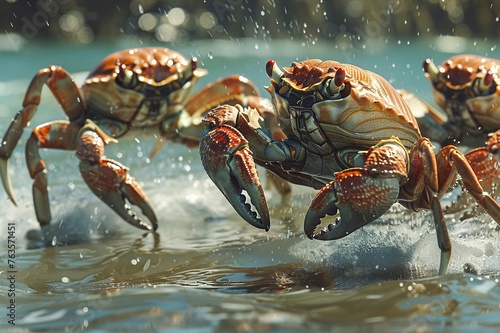 Crabs in boxing shorts, sidestepping and jabbing at the shoreline, their claws up in defense , photo