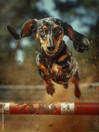 Dachshunds in racing stripes, hurdling over obstacles in agility courses, their long bodies surprisingly nimble  photo