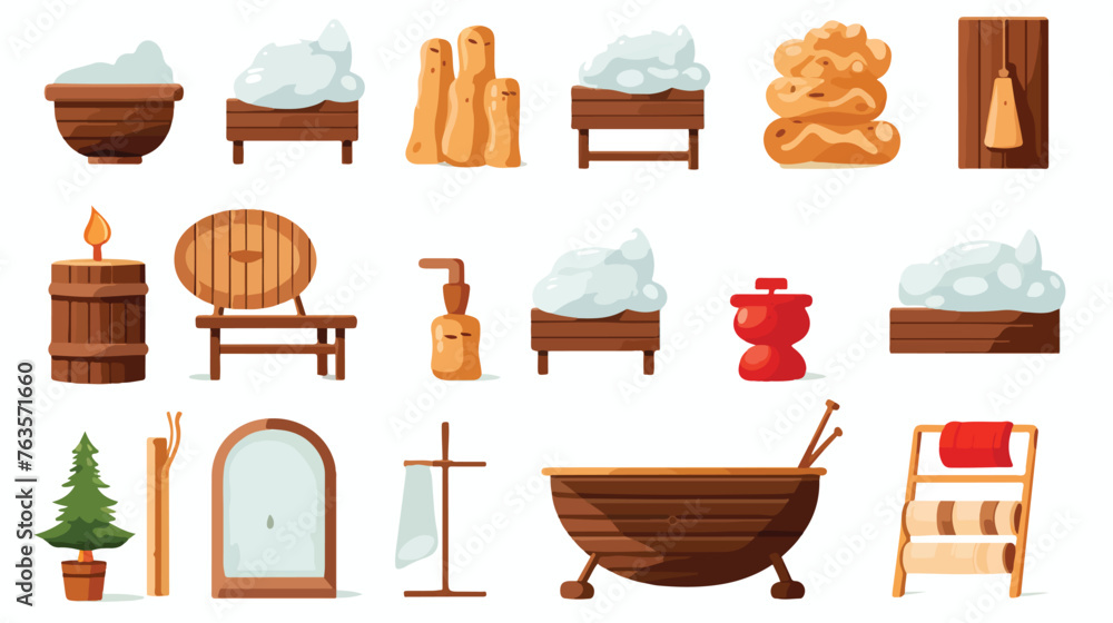 Bath and sauna accessories icons set flat vector 
