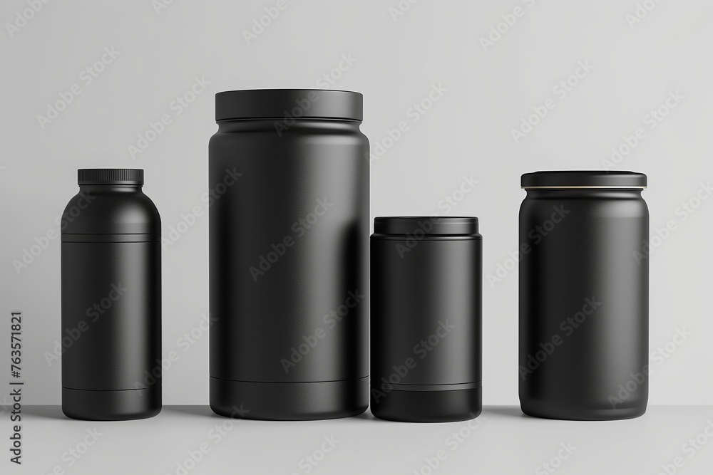 Empty black protein bottle and shaker mockup in front of gray wall. Mockup for selling protein Empty black protein bottle and shaker mockup in front of gray wall. Mockup for selling protein
