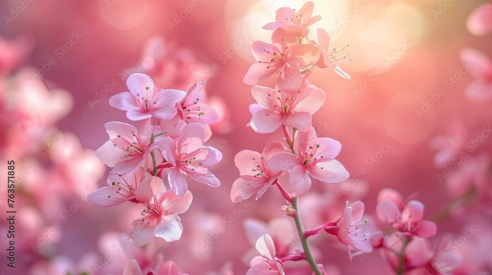  a bunch of pink flowers that are blooming in the sun shines brightly in the background of the picture.