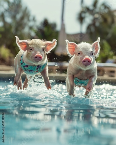 Potbellied pigs in swim trunks, belly flopping into pools with joyful abandon, causing waves of laughter photo