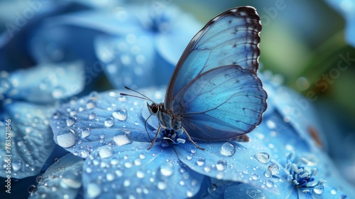  a blue butterfly sitting on a blue flower with drops of water on it's wings and wingtips.