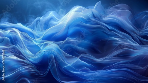  a computer generated image of a wave of blue and white smoke on a black background with a blue sky in the background.