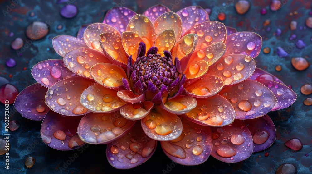 a close up of a flower with drops of water on it's petals and in the middle of the petals is an orange and purple flower. a close up of a flower with drops of water on it's petals and in the middle of the petals is an orange and purple flower.