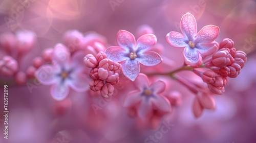  a close up of a bunch of flowers on a branch with pink and blue flowers in the foreground and a blurry background.