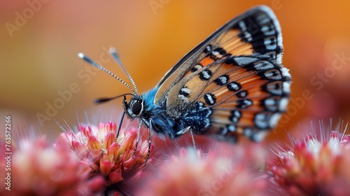  a close up of a butterfly on a flower with other flowers in the back ground and a blurry background.