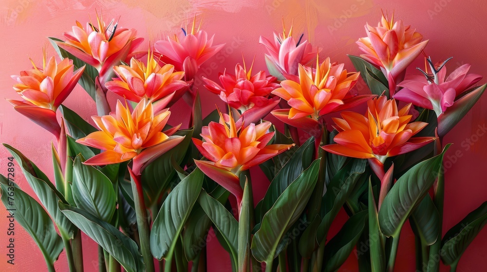  a group of pink and orange flowers against a pink wall with green leaves in the foreground and a pink wall in the background.