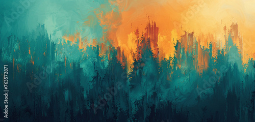 An ultra-sharp, cinematic abstract landscape, where fiery amber gradients meet cool teal shadows in a high-saturation encounter