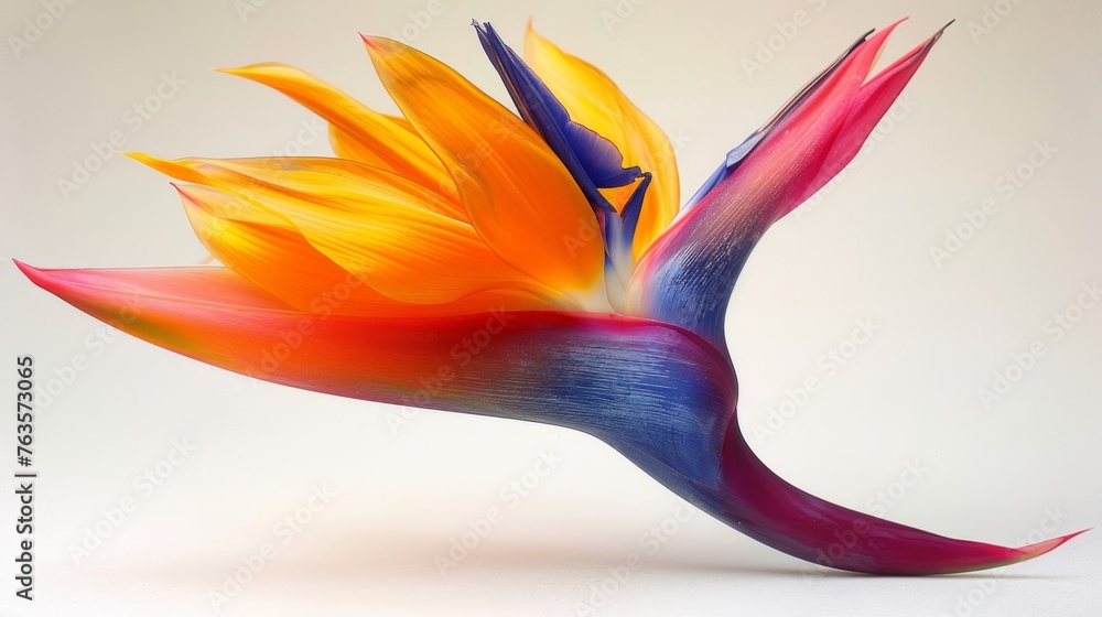  a multicolored bird of paradise flower on a white background with a soft focus on the bottom part of the flower.