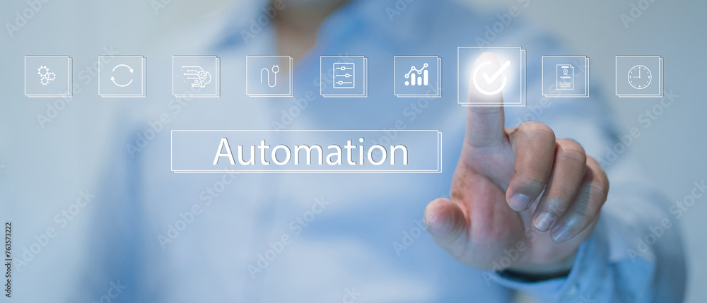 Automation concept. automated business process workflow optimization. Business process management and automation with person validating document in workflow. Digital transformation. Automation concept. automated business process workflow optimization. Business process management and automation with person validating document in workflow. Digital transformation.