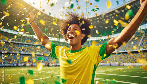 Um jogador com uniforme do Brasil, alegre, comemorando a vitória, com muito papel picado caindo em um estádio de futebol. photo