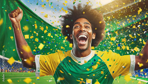 Um jogador com uniforme do Brasil, alegre, comemorando a vitória, com muito papel picado caindo em um estádio de futebol.