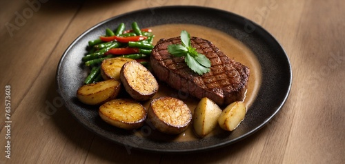 A well-seasoned steak with salad and homemade potatoes.
