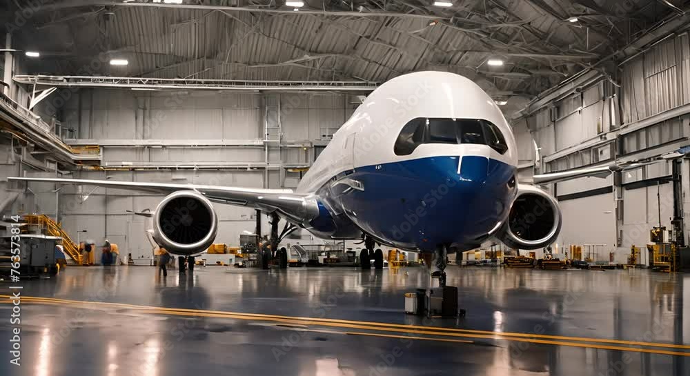 Commercial airplane in a hangar. Commercial airplane in a hangar.