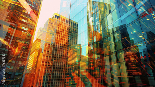 Multi exposure of virtual abstract financial diagram on San Francisco office buildings background, banking and accounting concept