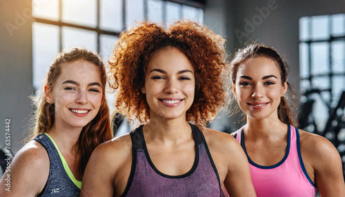 3 women in athletic clothing facing the camera at the gym and ready to workout