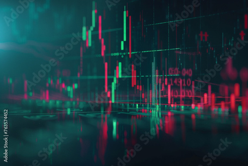 Technical price graph and indicator, red and green candlestick chart on blue theme screen, market volatility, up and down trend. Stock trading, crypto currency background