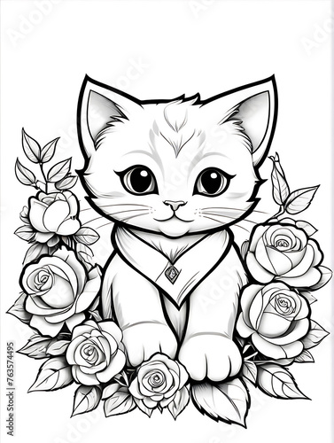 Cat with flower coloring page kids style white background ai generated  © Unique Artist