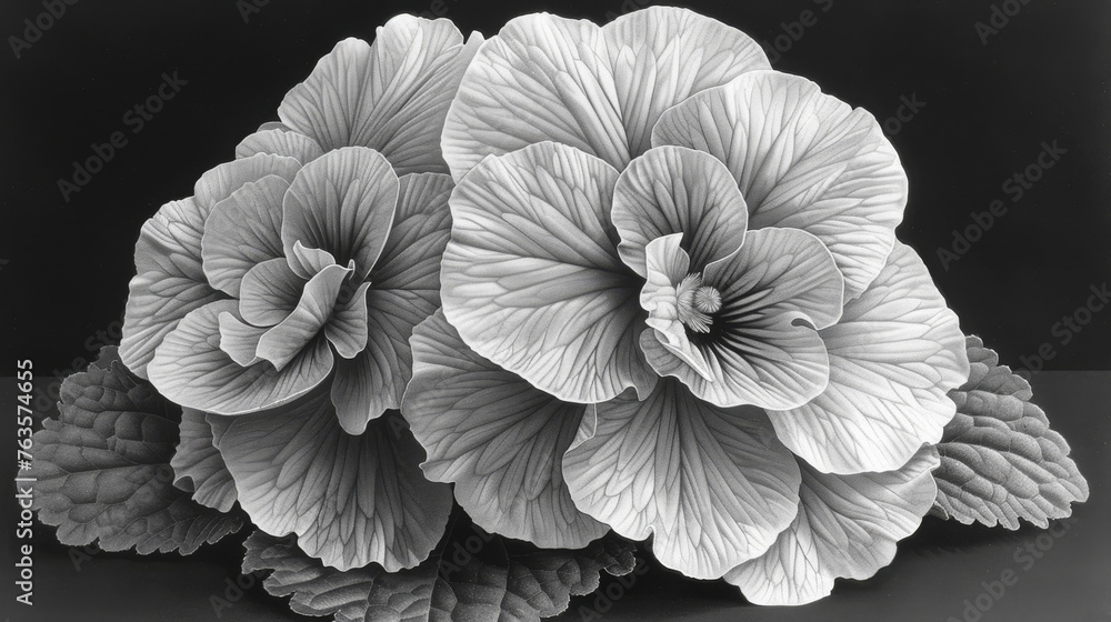 a black and white photo of three flowers on a black background with a few leaves in the middle of the image. a black and white photo of three flowers on a black background with a few leaves in the middle of the image.