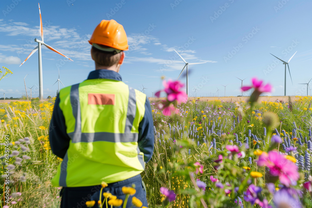 A male engineer in a high-visibility jacket is standing amidst a flowering crop field, gazing upward at wind turbines in the distance A male engineer in a high-visibility jacket is standing amidst a flowering crop field, gazing upward at wind turbines in the distance