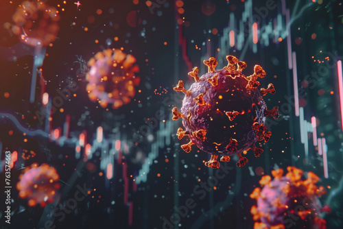 Virus cells coronavirus 2019-nCov and creative stock charts on virtual screen. Coronavirus helath crisis concept. 3D Rendering photo