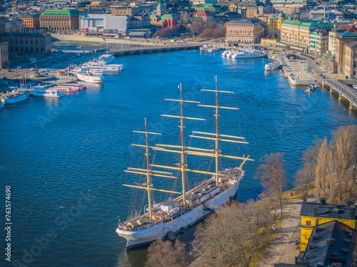 An old sailing ship converted into a hotel in Skeppsholmen island, Stockholm. Aerial view photo of Sweden capital photo