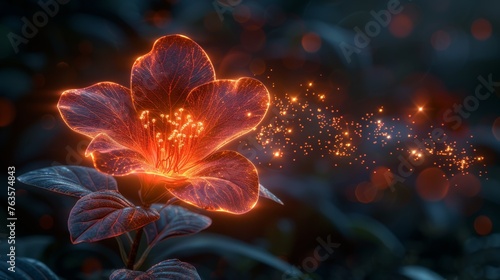  a close up of a flower with a lot of lights on the side of the flower and a blurry background.