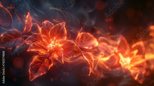  a close up of a flower with a lot of fire coming out of the center of the flower and a lot of smoke coming out of the petals.