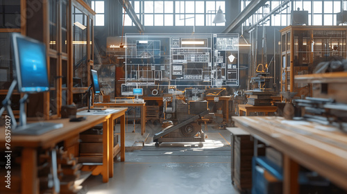 Digitalization in craftsmanship, workshop setting, advanced tools, precision machinery, augmented reality overlays, digital blueprints, remote collaboration, efficiency optimization