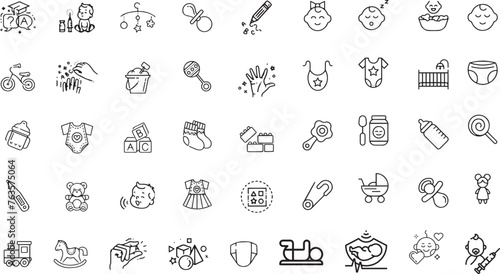 Set of line icons related to child care, international children day, kid rights, parenthood. Outline icon collection. Editable stroke. Vector illustration
