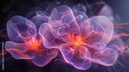  a close up of a purple flower on a black background with red and orange smoke coming out of the petals. © Shanti