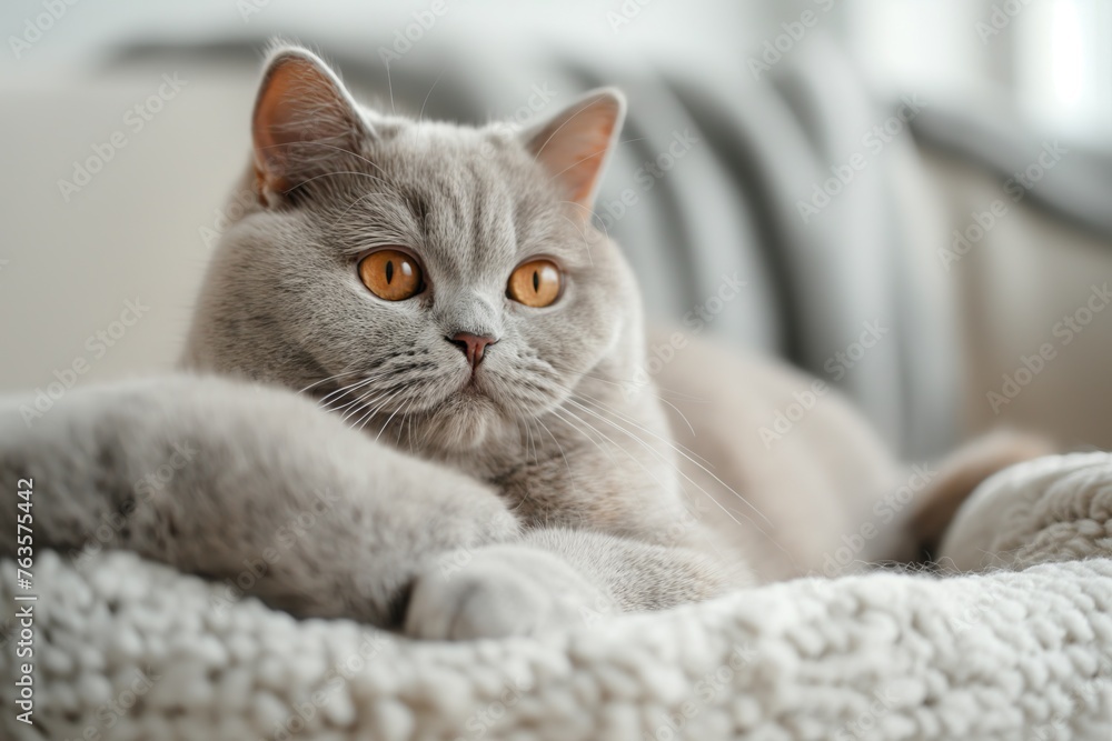 Fat blue British Shorthair cat is resting on a grey couch.